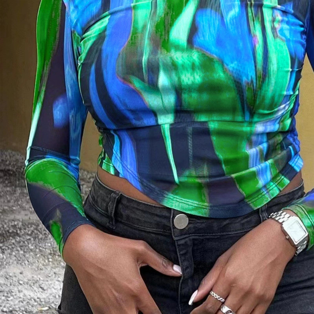H&M Multicolor Print Long Sleeve Tee Wide Leg Pants 2Pcs Set Women Fall Casual